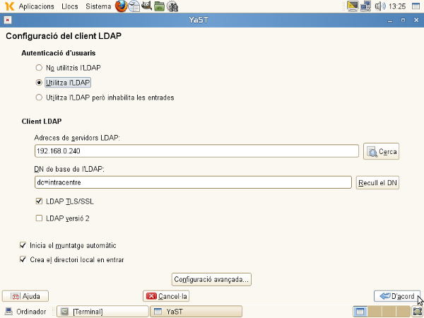 Configuració del client LDAP per autenticar contra el servidor de centre.